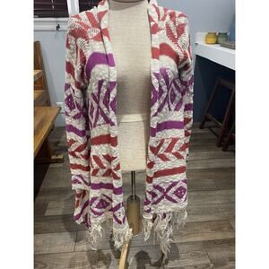American Rag Cardigan Duster Long Sleeve Fringe Southwestern Aztec Pink L Boho